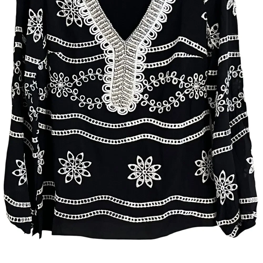 Boston Proper Beaded Eyelet Boho Long Sleeve Blouse - Picture 4 of 9